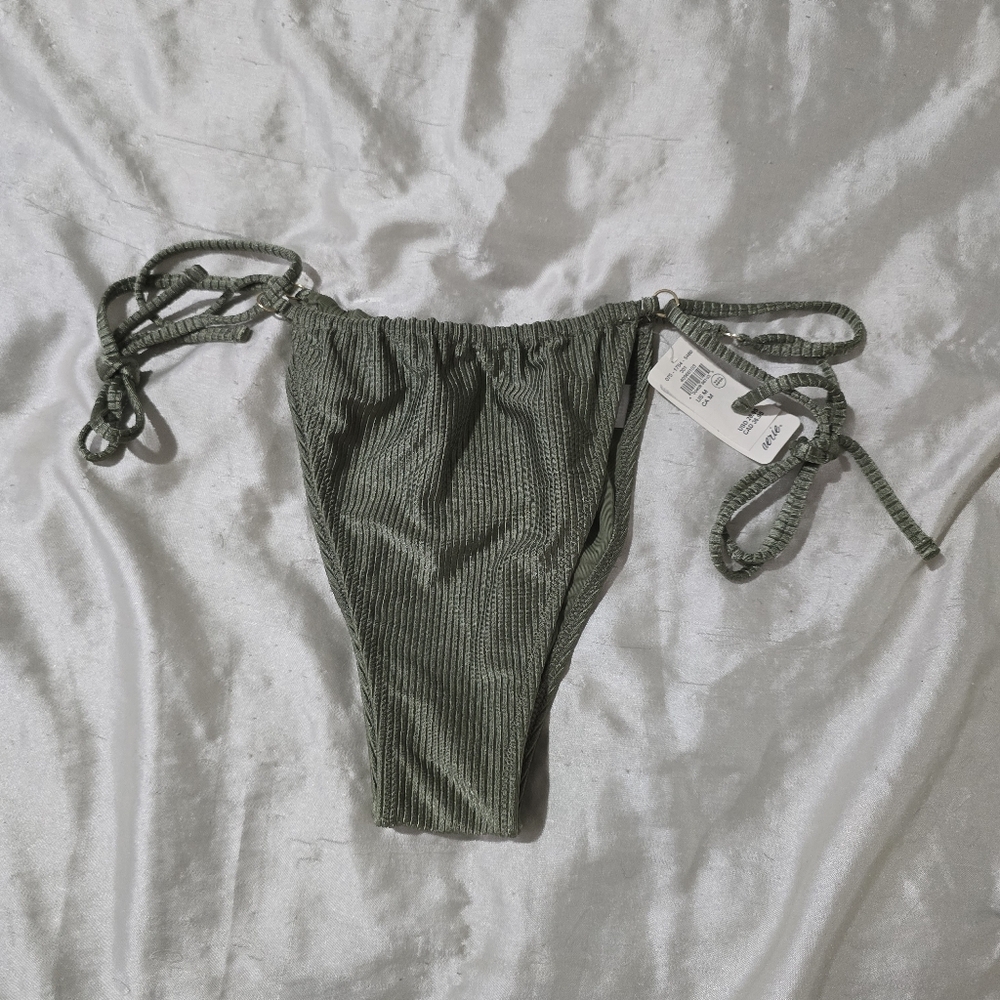NWT Aerie Olive Green Shine Ribbed Cheekiest Strappy Bikini Bottom Size Medium